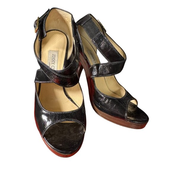 Jimmy Choo Black Patent Leather Open-Toe High Heel Sandals‎ Womens 37.5/8.5 - Picture 6 of 16